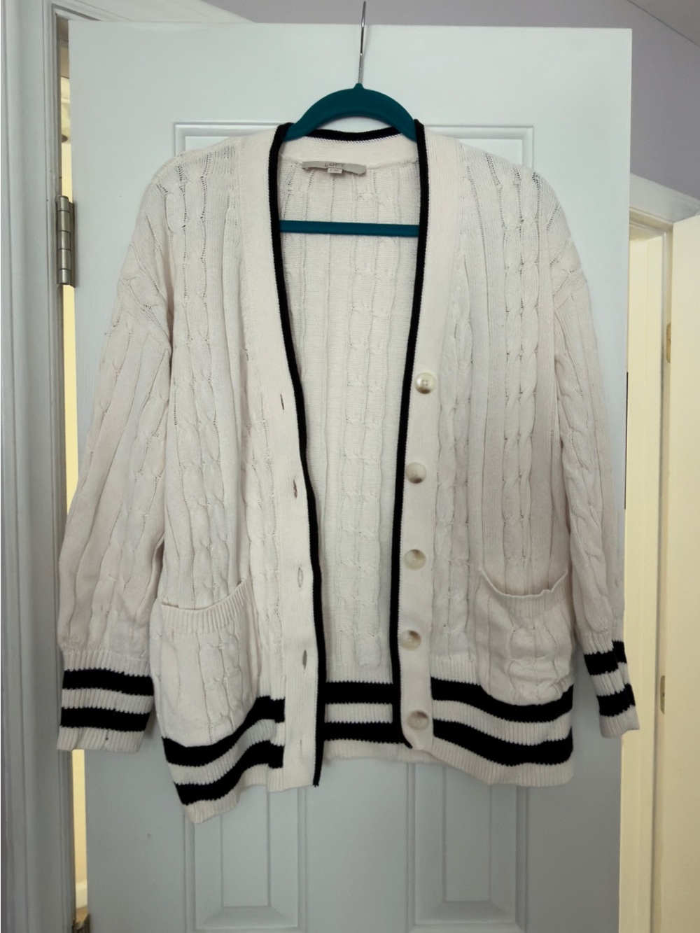 LOFT Cream Cable Knit Cardigan with Black Trim - Women's Sweater